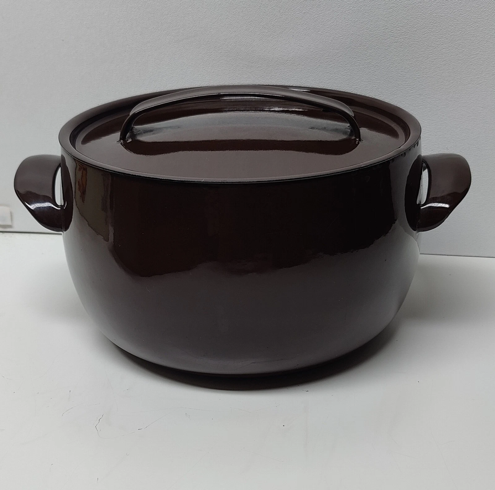 Aubecq of France Brown Enamel Cast Iron Stockpot with Lid Danish Modern