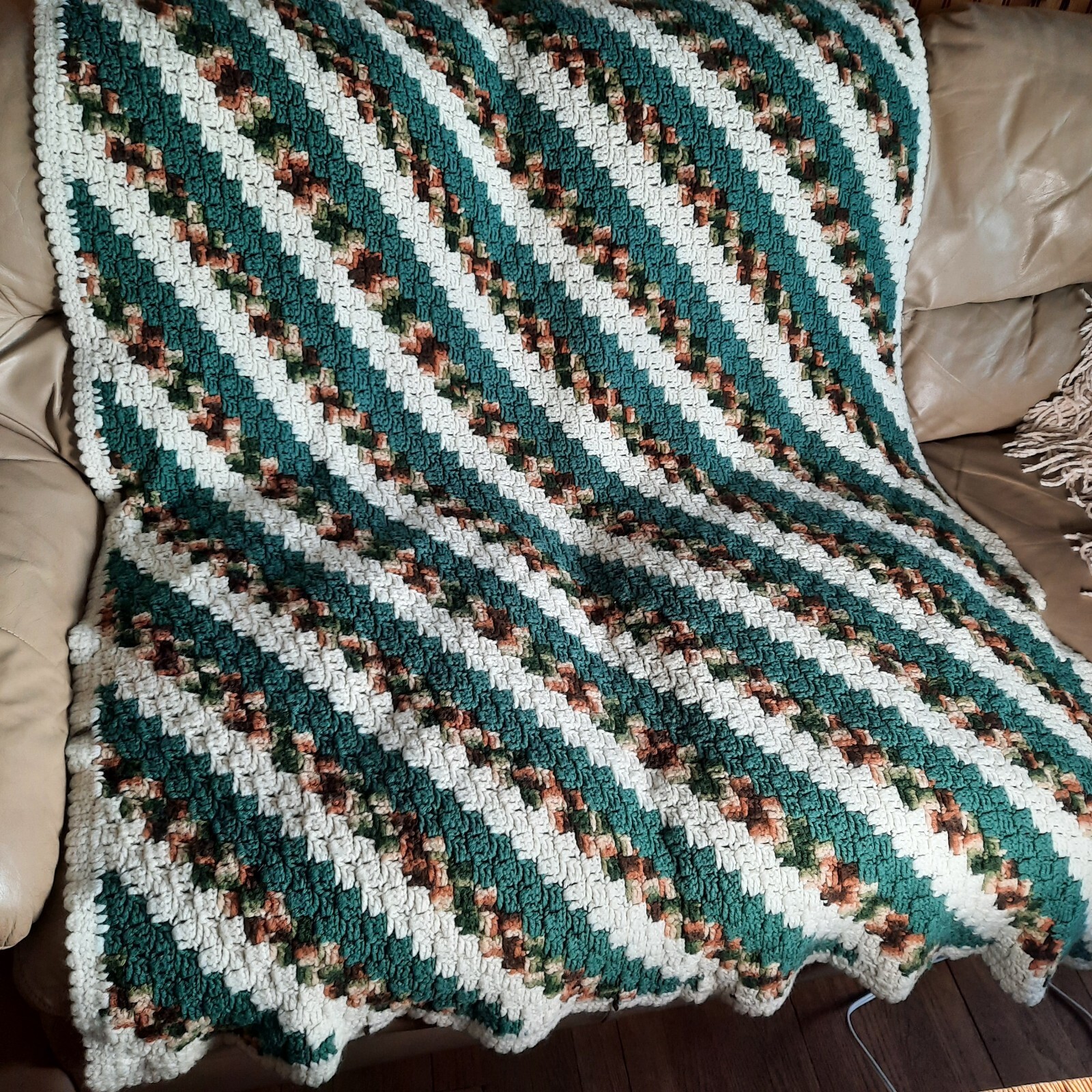 Vintage Crochet Afghan Blanket Green Brown White Handmade Throw 84" x