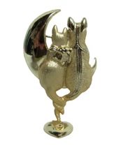 AJC 2 Moonlight Cats Cresent Moon Dangle Heart Charm Shiny Gold Tone Brooch Pin