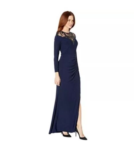 Vestido Jersey Adriana Papell Manga Larga Lentejuelas Encaje Escote Azul Marino Talla 12 NUEVO - Imagen 4 de 22
