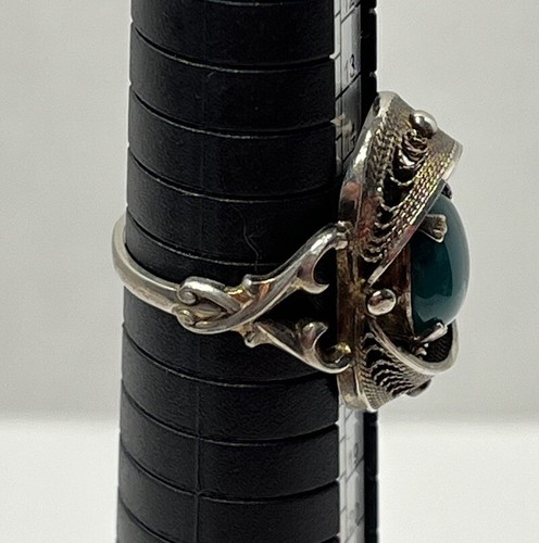 Vintage Sterling Silber Filigran Ring mit grünem Cabochon Stein Größe 7,25 Unikat - Bild 14 von 14