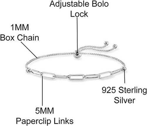Italian 925 Sterling Silver Adjustable Paperclip Chain Bolo Bracelet For Women - Picture 2 of 4