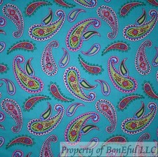 BonEful FABRIC FQ Cotton Quilt Aqua Blue Pink Rose Rainbow Paisley Flower Print