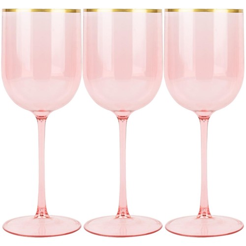 [10pcs] 12oz Fancy Plastic Pink Wine Glasses Unbreakable with Gold Rim