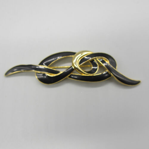 Vintage Trifari Brooch Black Enamel Ribbon Swirls… - image 1