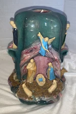 Vintage Nativity Candle Hand Carved Nativity Manger Scene Ribbons Large Green