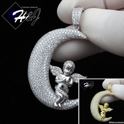 925 STERLING SILVER ICY BLING CZ GOLD PLATED/SILVER ANGEL WING MOON PENDANT*P391