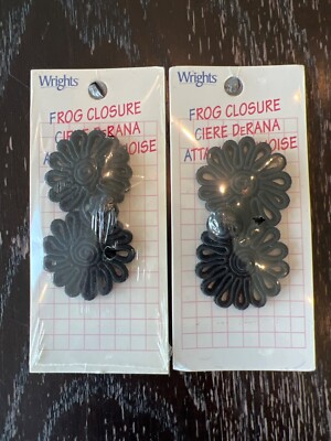 Frog Closure Black Flower 3'' Wrights Rayon Fastener Set of 2 Fast Color Vintage