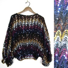 Vtg 80s SEQUIN ZIG ZAG SHIRT Batwing Sparkly MISS IT or H Disco Top Blouse 1980s