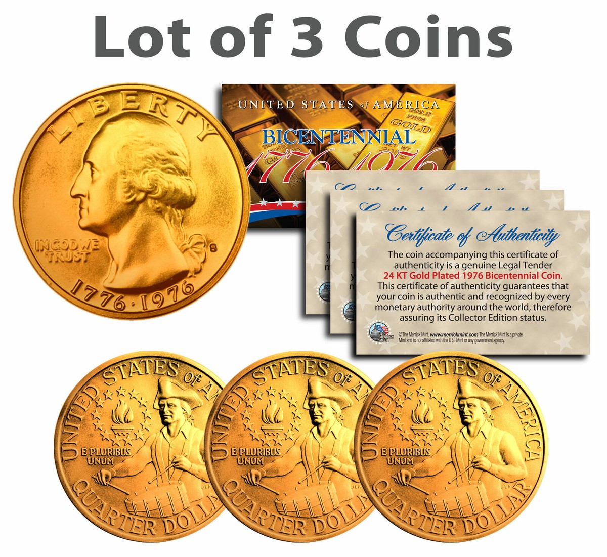LOT OF 3 1976 BICENTENNIAL 24KT GOLD PLATED QUARTERS US COINS! COA