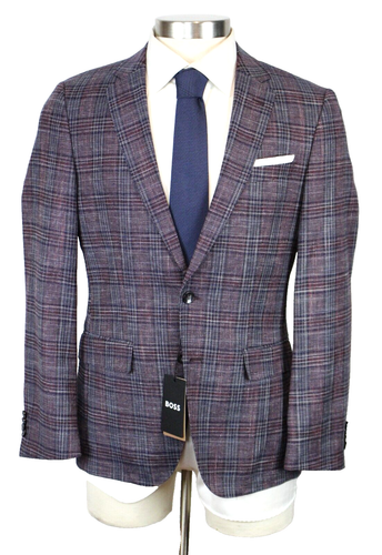 Hugo Boss Sport Coat 38 R Men's Purple Plaid Wool Linen Cotton Slim Fit Hutson