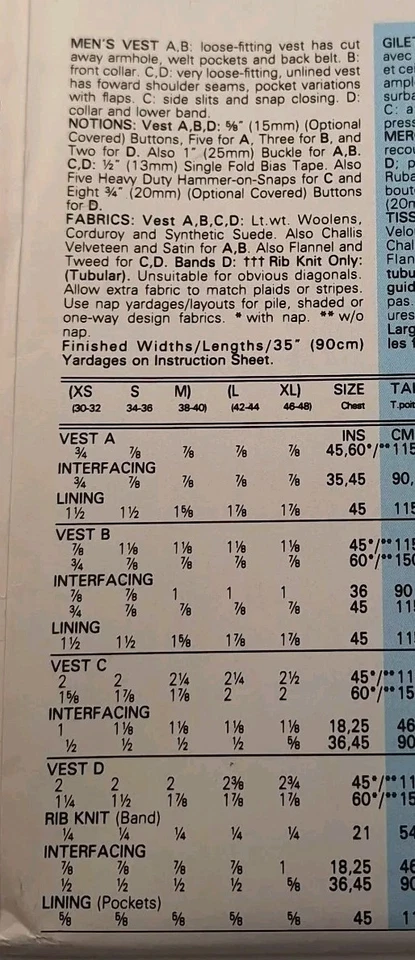 Butterick 4484 Mens Loose Fitting Vest Fishing Sz XS-M VTG 80s Pattern UC FF - Image 2 of 4