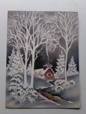Vtg Christmas Card Embossed Winter Scene  White Silhouetted Trees Home PEACE !