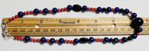 Handcrafted Lapis, Red Coral & Onyx Sterling Silver Choker Necklace - Picture 5 of 6