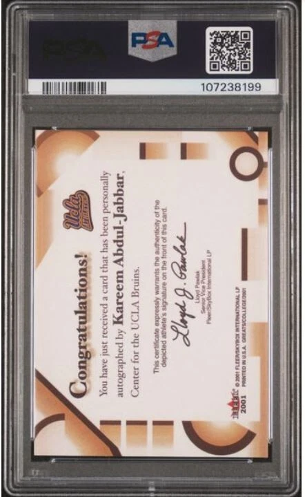 Tarjeta de baloncesto Fleer Kareem Abdul-Jabbar 2001 firmada PSA 8 ADN 10 certificada Salón de la fama Foto 2 de 4