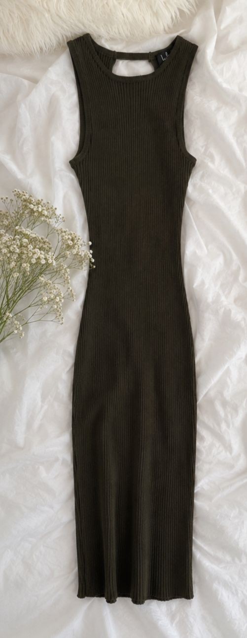 Lulus Olive Green Ribbed Sleeveless Bodycon Midi Dress