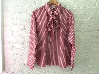 Vera Moda Womens Shirt Red White Striped Tie Neck Button Up Blouse Size L NWT