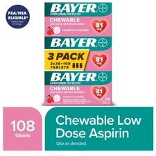 Bayer Chewable Cherry Aspirin Regimen Low Dose 81mg Pain Reliever Tablets 108 Ct