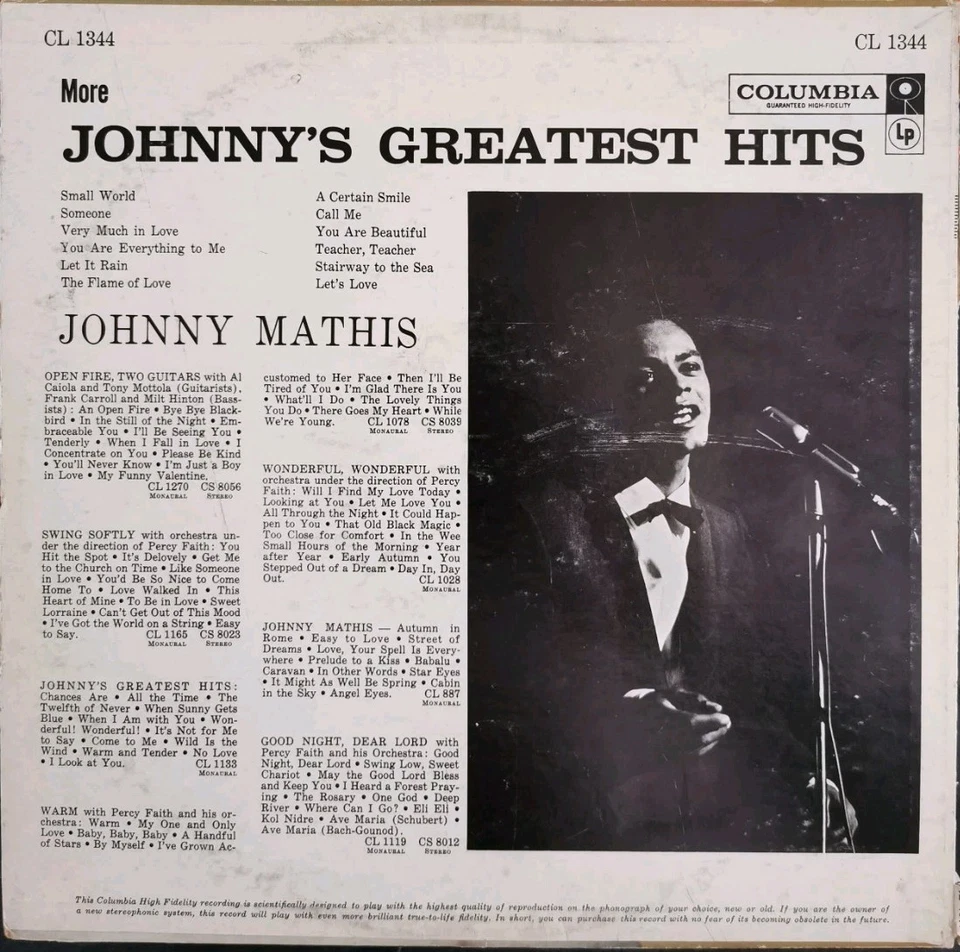 Vinyl LP Johnny Mathis - More Johnny's Greatest Hits VG CL1344 Canada Pop - Image 2 of 4