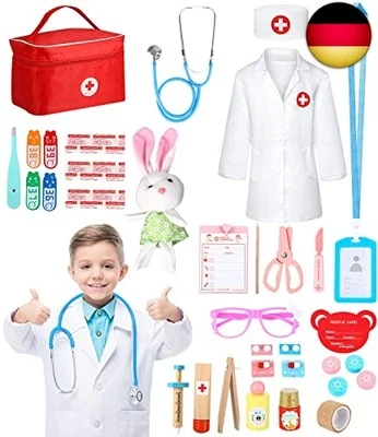 JOFLVA Arztkoffer Kinder Holz Spielset mit Echt Stethoskop, Arztkoffer Kinder,