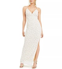Emerald Sundae Juniors' Slim Allover-Lace Side-Slit Gown Ivory L