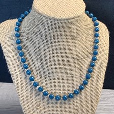 Vintage Deep Teal Blue Knotted Bead Necklace 18 Inch Silver Tone Clasp