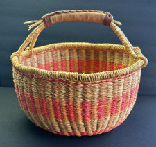 Vintage Bolga Market Basket Large Round Ghana Leather Handle Neutral Boho Decor