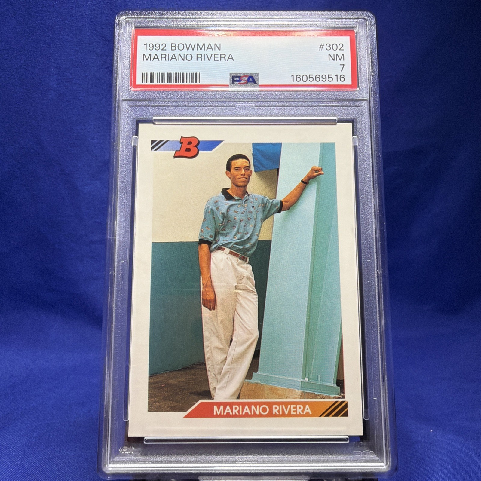 1992 Bowman - Mariano Rivera #302 E on Back (RC) PSA 7 view 1