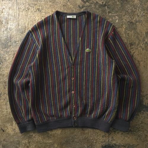 Lacoste, Vintage 1970s Chemise Lacoste Grey Cardigan Sweater Size 2 Striped Wool France