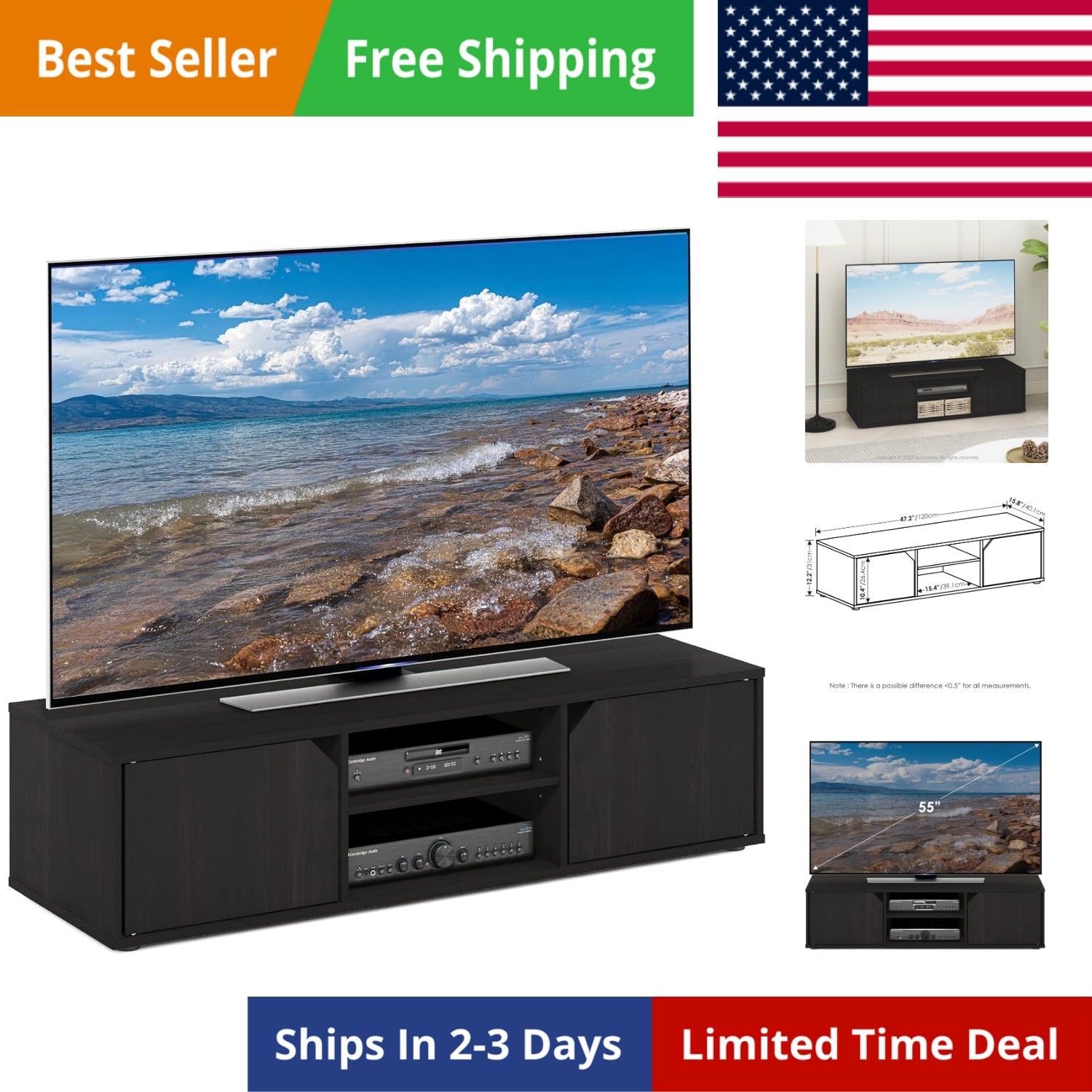 CLASSIC TV Stand, Petite 2-Tier Entertainment Center with Open Shelf and Door...