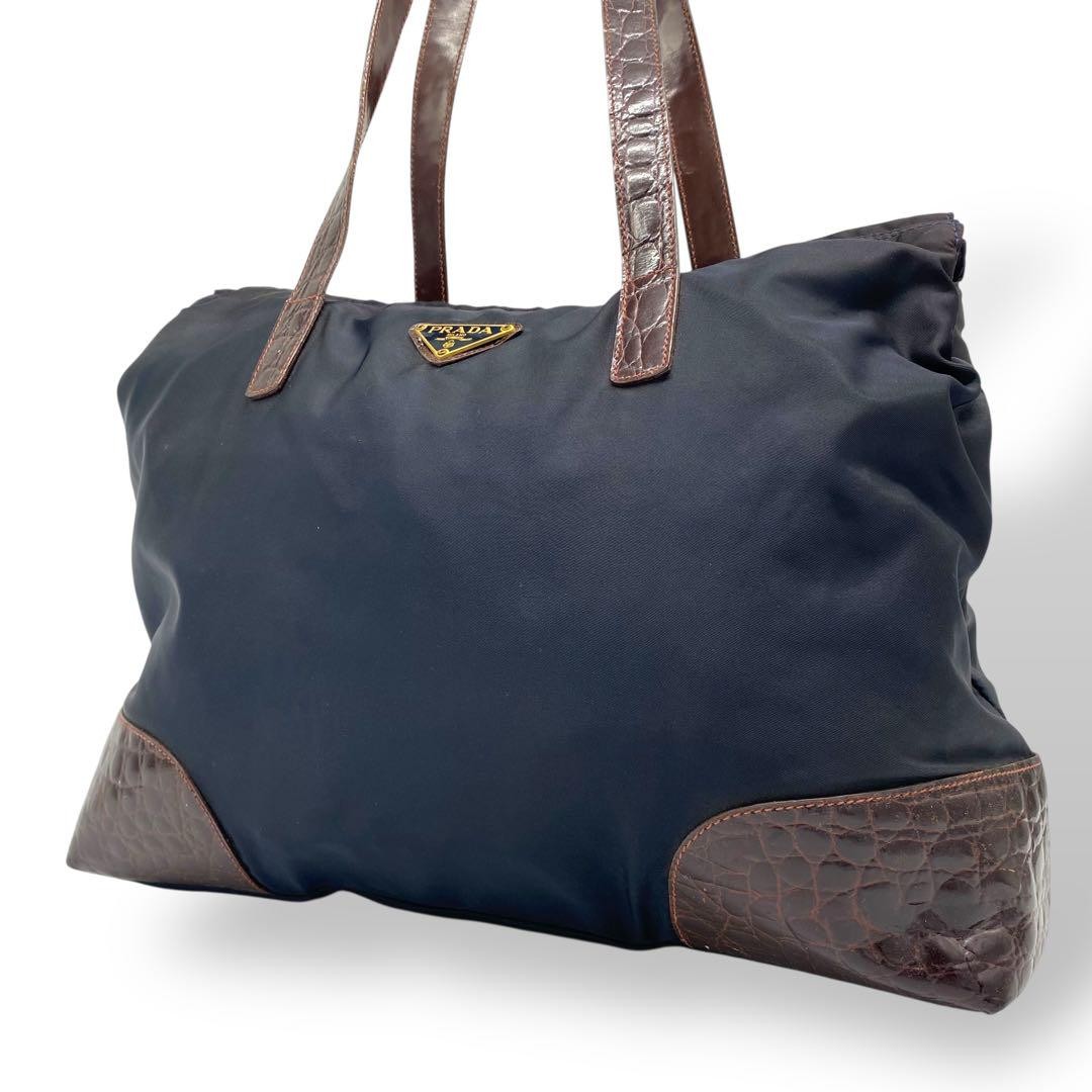 Prada A4 Nylon Crocodile Embossed Navy Tote Bag Made in Japan