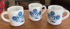 3 Vintage Hazel Atlas Blue Cornflower Milk Glass Coffee Mug Tea Cup 1950s