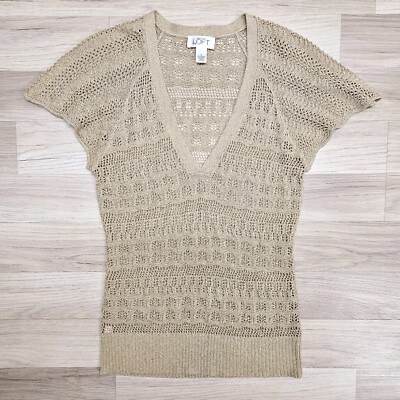 LOFT Womens Tan Open Crochet Blouse Flutter Sleeves Small Grunge Fairy V-Neck