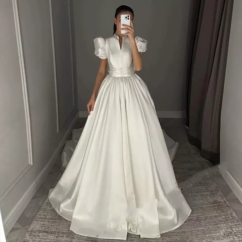 Satin Wedding Dresses Puff Sleeves White Ivory High Neck Elegant Bridal Gowns