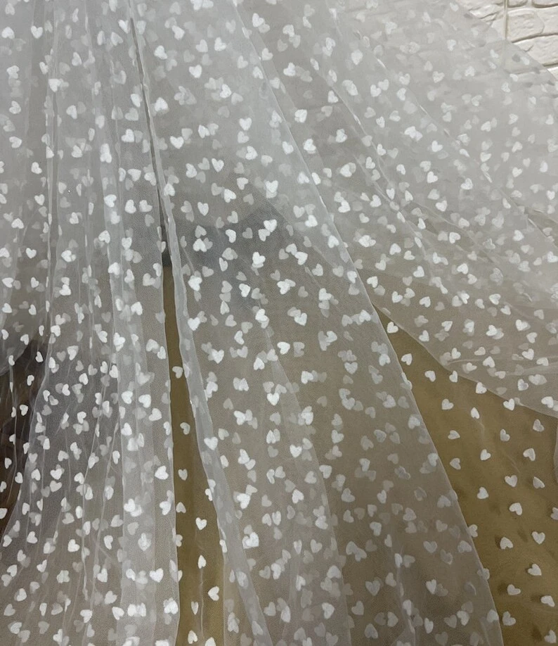 OFF WHITE Tessuto di pizzo a pois in tulle bianco sporco cuore floccato pizzo per veli abiti