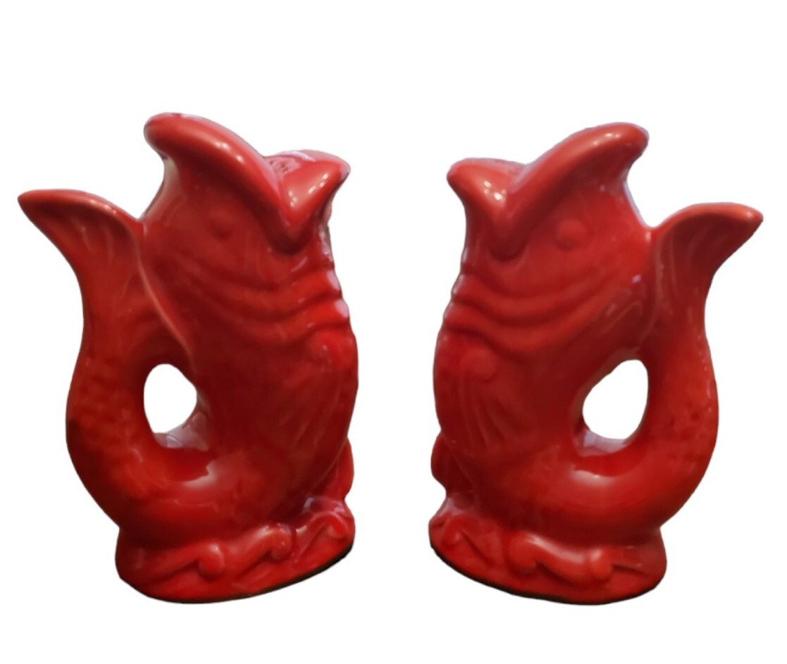 Gurglepot Salt Pepper Shakers Koi Fish Red Gurgle Pot Figural Ceramic