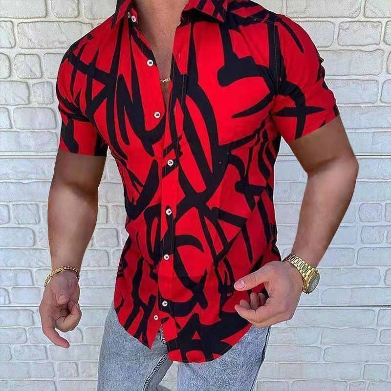 Button Up Shirt Men Red Black Classic Fit Abstract Short Sleeve Casual Tee  Dress | eBay