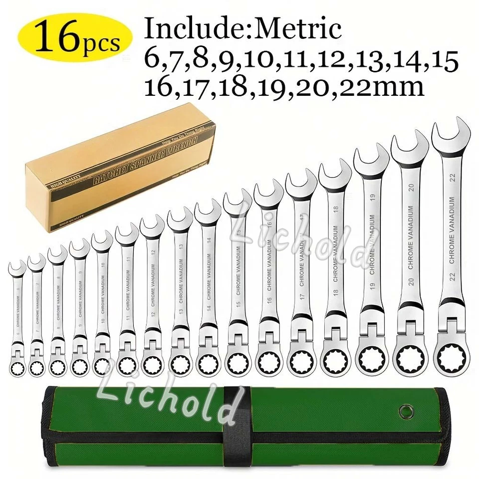 16pcs 6-22mm Flexible Head Spanner SET Ratchet Gear Chrome Vanadium Wrench Tool - image 3 of 4