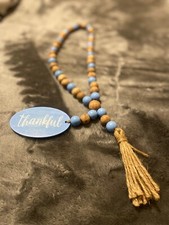 Farmhouse Wooden Beads Garland Loop Tassel Decor 19" , 'Thankful'