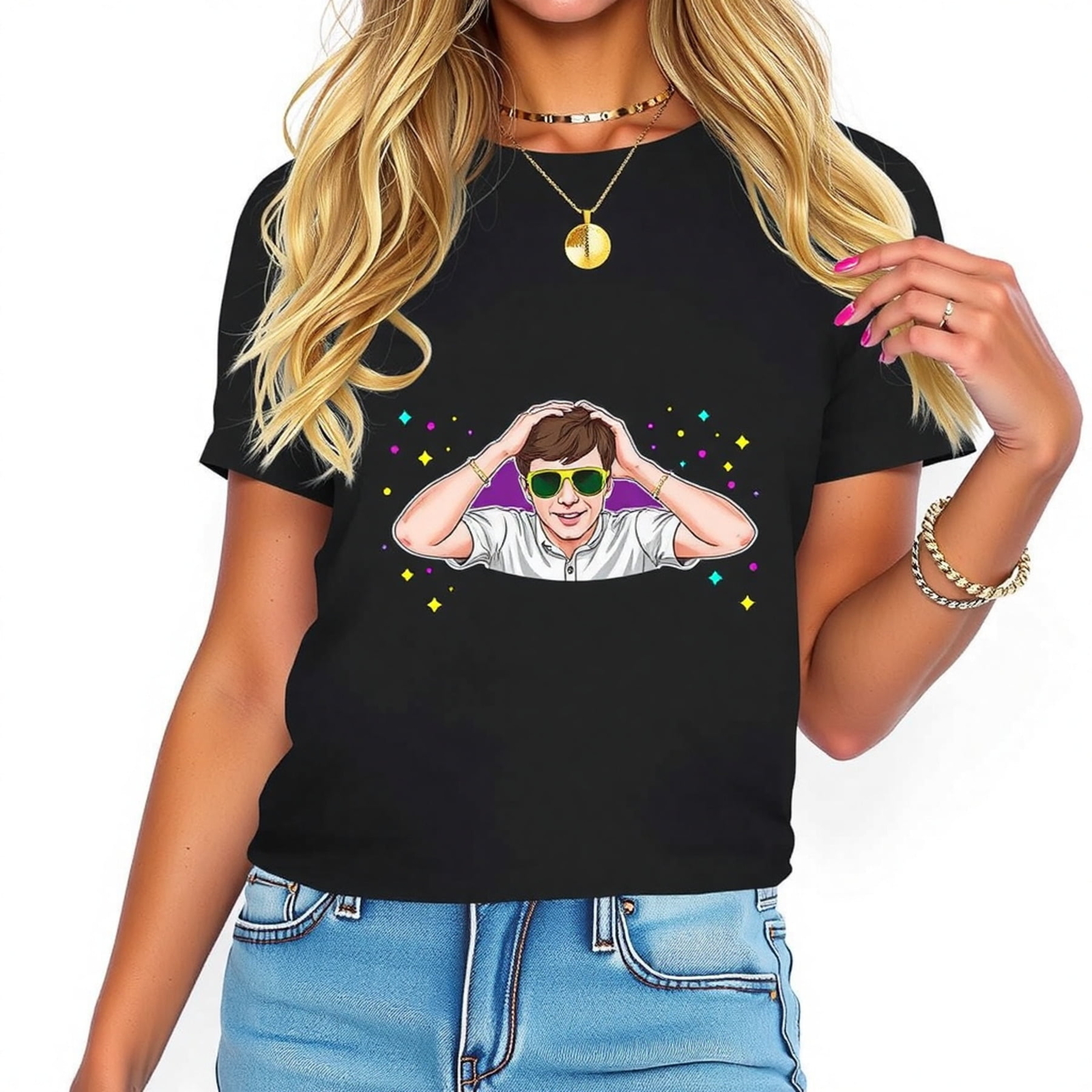 Trendy Black Graphic Tee for Women with Bold Sunglasses Print