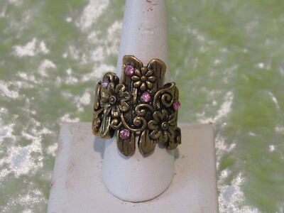 Gold Tone Adjustable Ring with a Fence & Rhinestone Flowers
