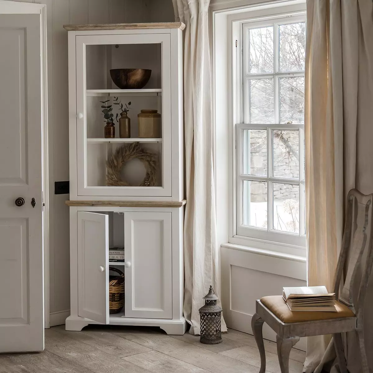 FLORENCE White Corner Dresser Large Glass Display Cabinet and