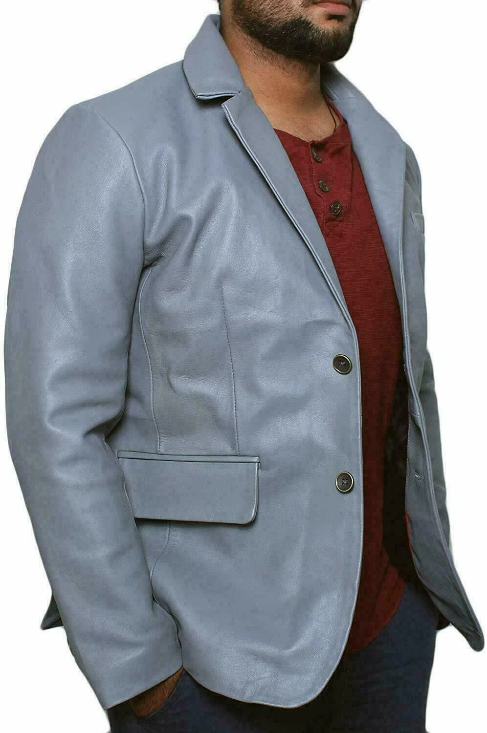 Classic Men's Lambskin Leather Light Blue Blazer High-Quality Two Button Jacket