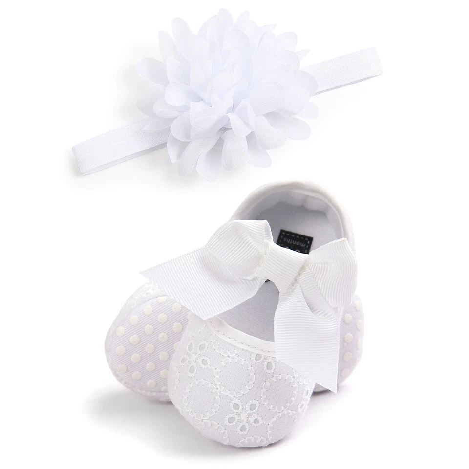 Recién Nacido Bebé Niña Cochecito Zapatos Conjunto Infantil Boda Fiesta Cabello Diadema Set 0-18M Foto 4 de 4