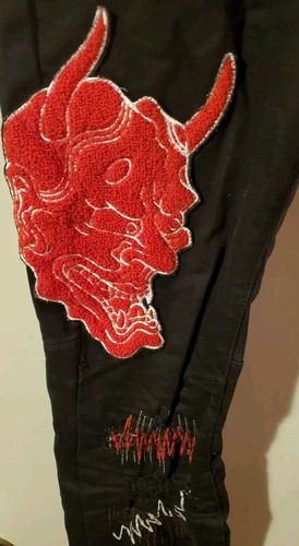 Smoke Rise Oni Demon Embro Black Distressed Patches Embroidered Mens 38x32 - Picture 4 of 8
