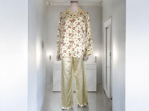 Vintage Silk 2 Pcs Pajama Set Yellow Bear Print S/M Sleep Gown/Sleepwear 80s 90s - Picture 2 of 21