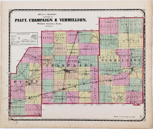 1871 ILLINOIS County Karte PIATT - CHAMPAIGN - VERMILLION Original (16X13)