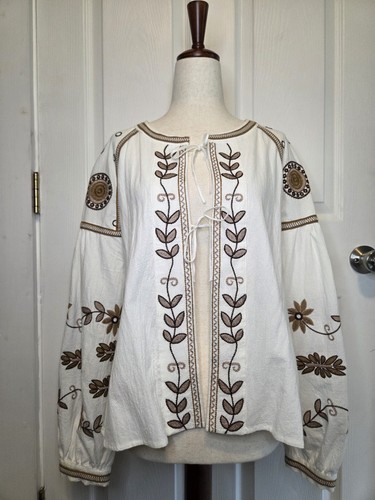 Anthropologie RD & Koko Blouse M Ivory Boho Tie Front Floral Embroidered Peasant