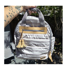 Skip Hop Stripe Backpack Diaper Bag Gray Beige Tassel Multiple Compartments