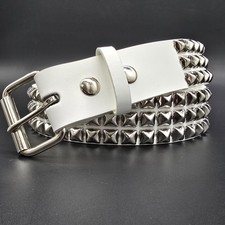 White Genuine Leather Pyramid Studded USA Made Three Row Belt Punk Rave Goth